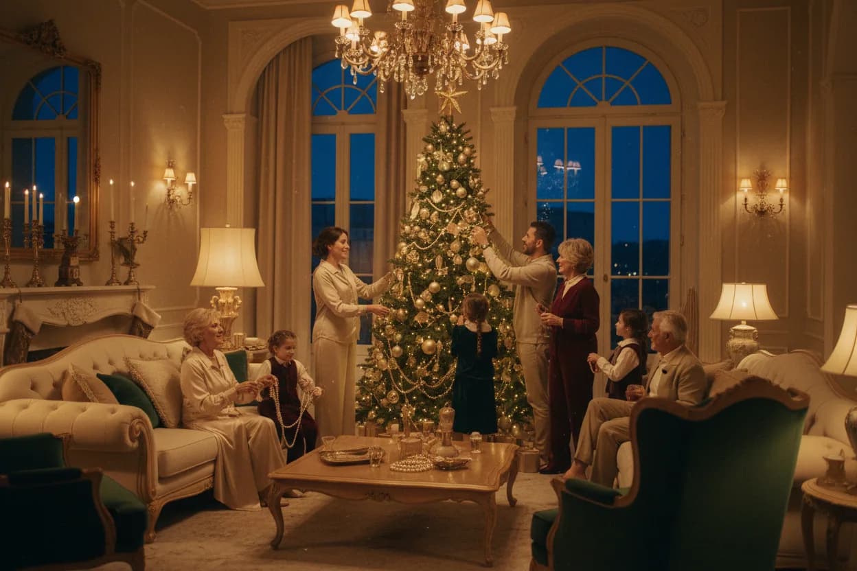 Una famiglia decora insieme l'albero di Natale in un salotto illuminato