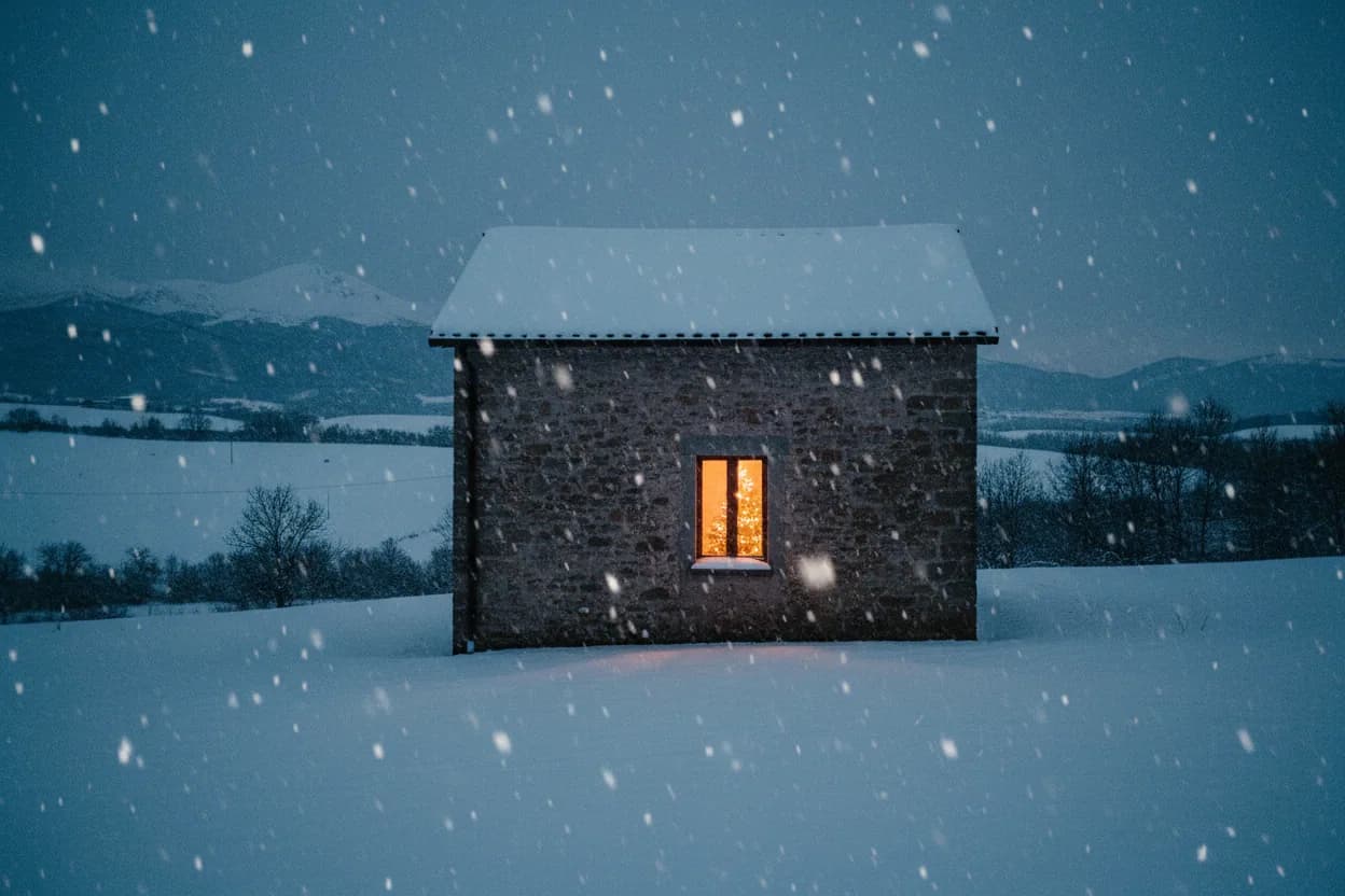 Casa innevata di sera con una finestra illuminata di luce calda